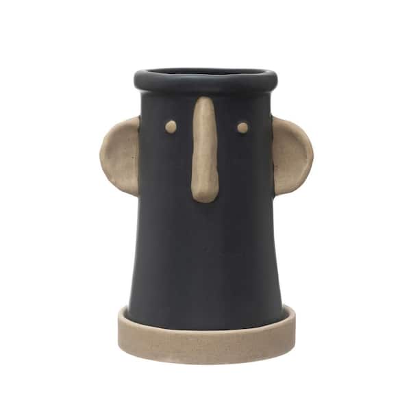 Storied Home Stoneware Face Planter with Saucer, Set of 2, Matte Black and Cream
