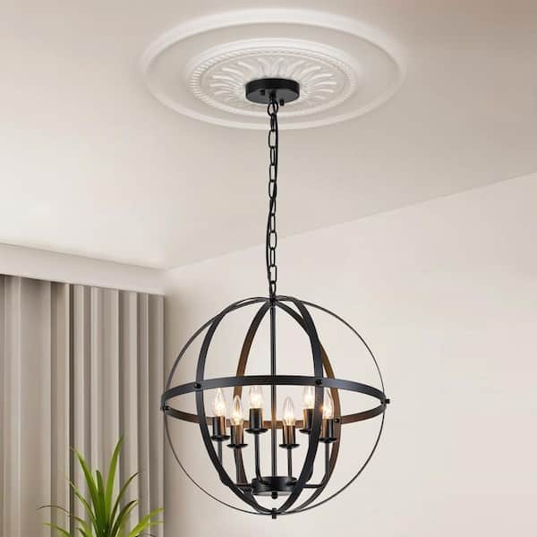 GoYeel Modern/Farmhouse 6-Light Matte Black Globe Hanging Pendant