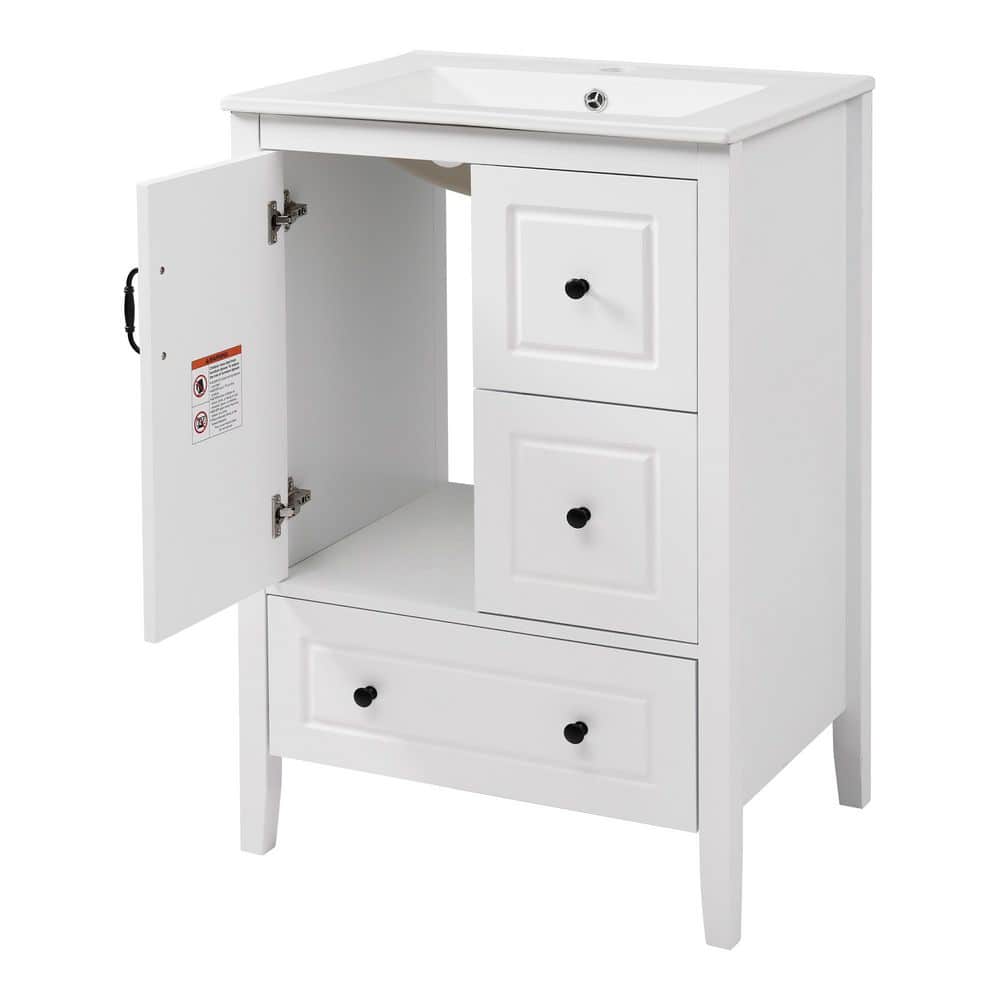 24 in. Single Sink Freestanding White Bath Vanity with White Ceramic Top and 3 Soft-Close Drawers, Unassembled