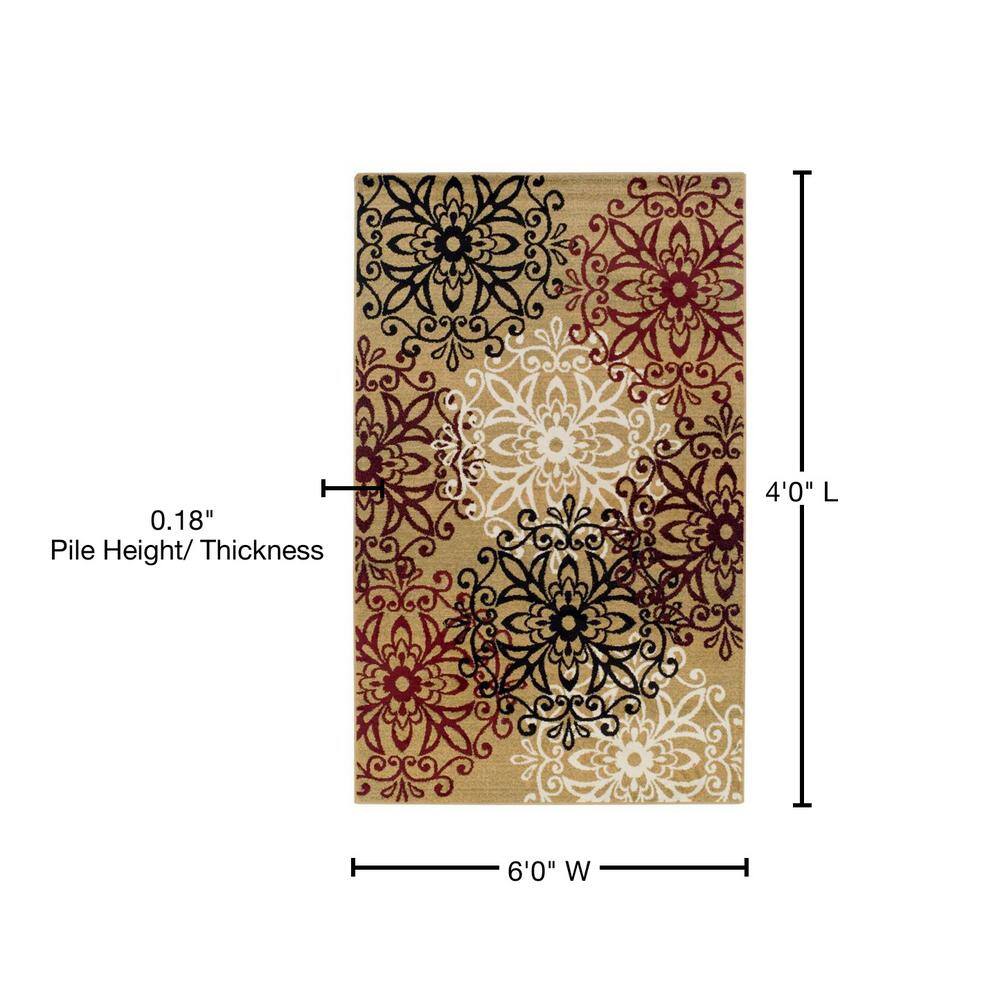 Elegant Gold Floral Medallion 4' x 6' Polypropylene Area Rug