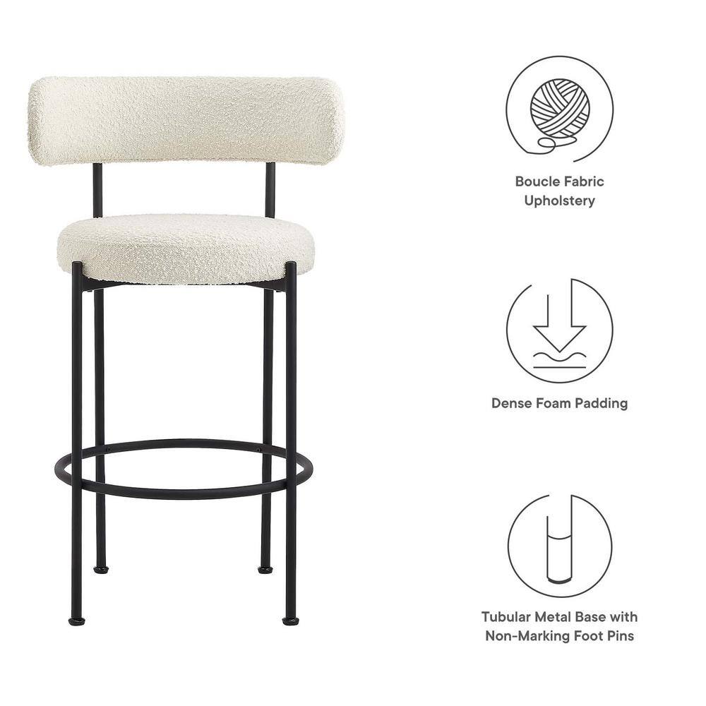 Ivory Boucle Fabric and Black Metal Adjustable Bar Stools, Set of 2