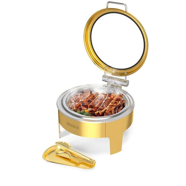 6 qt. Gold Round Chafing Dishes with Glass Lid and Serving Tong