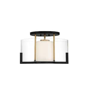 Eaton 17 in W x 10.25 in H 1-Light Matte Black with Warm Brass Accents Semi-Flush Mount with Clear and White Glass Shade