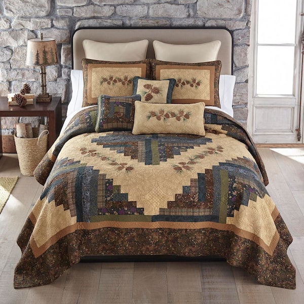 Cabin Raising Pine Cone Caramel and Brown Cotton Queen Quilt