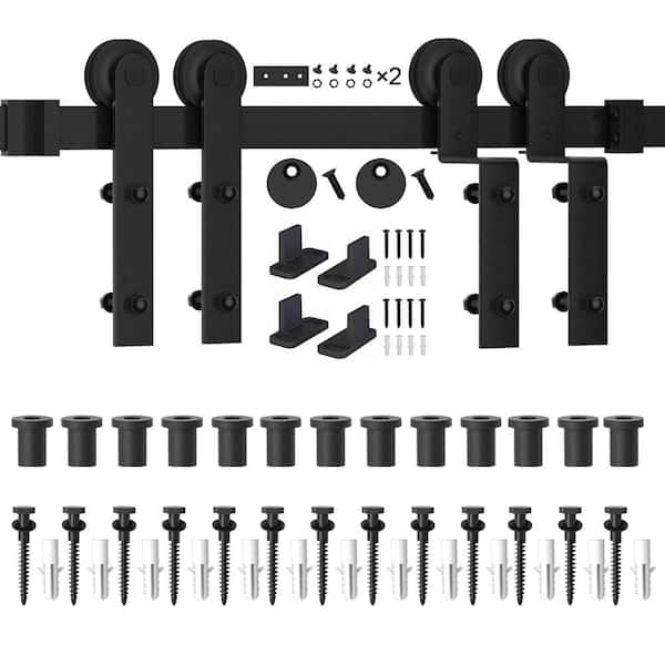 16 ft./192 in. Single Track Bypass Sliding Barn Door Hardware Kit for Double Doors Low Ceiling