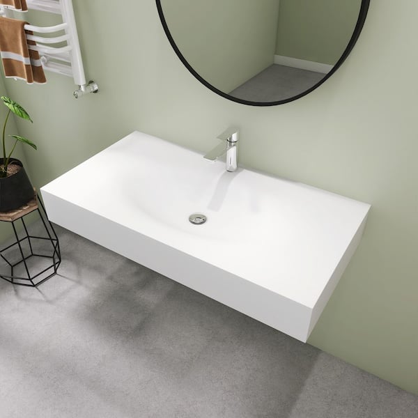 42 in. Wall Mount Rectangle Vessel Sink, Solid Surface Bathroom Vessel Sink