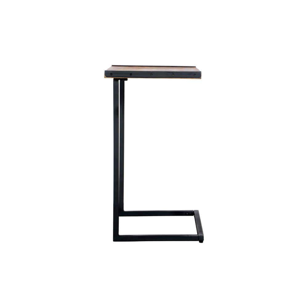 C-Shaped Mango Wood and Metal End Table, Brown and Black