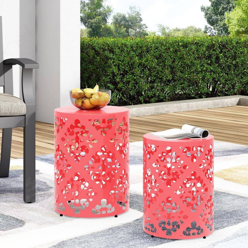Dark Coral Iron Cylindrical Outdoor Side Tables, Set of 2