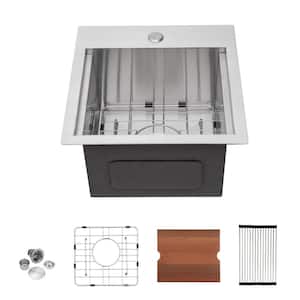15 in. Undermount Single Bowl 16-Gauge Brushed Nickel Stainless Steel Kitchen Sink with Cutting Board and Colander