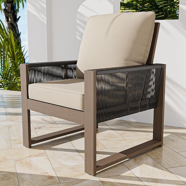 EAGLE PEAK Brown Cedar Wood and Round Wicker Outdoor Lounge Chair with Beige Cushions for Patio Deck Yard 1-Piece