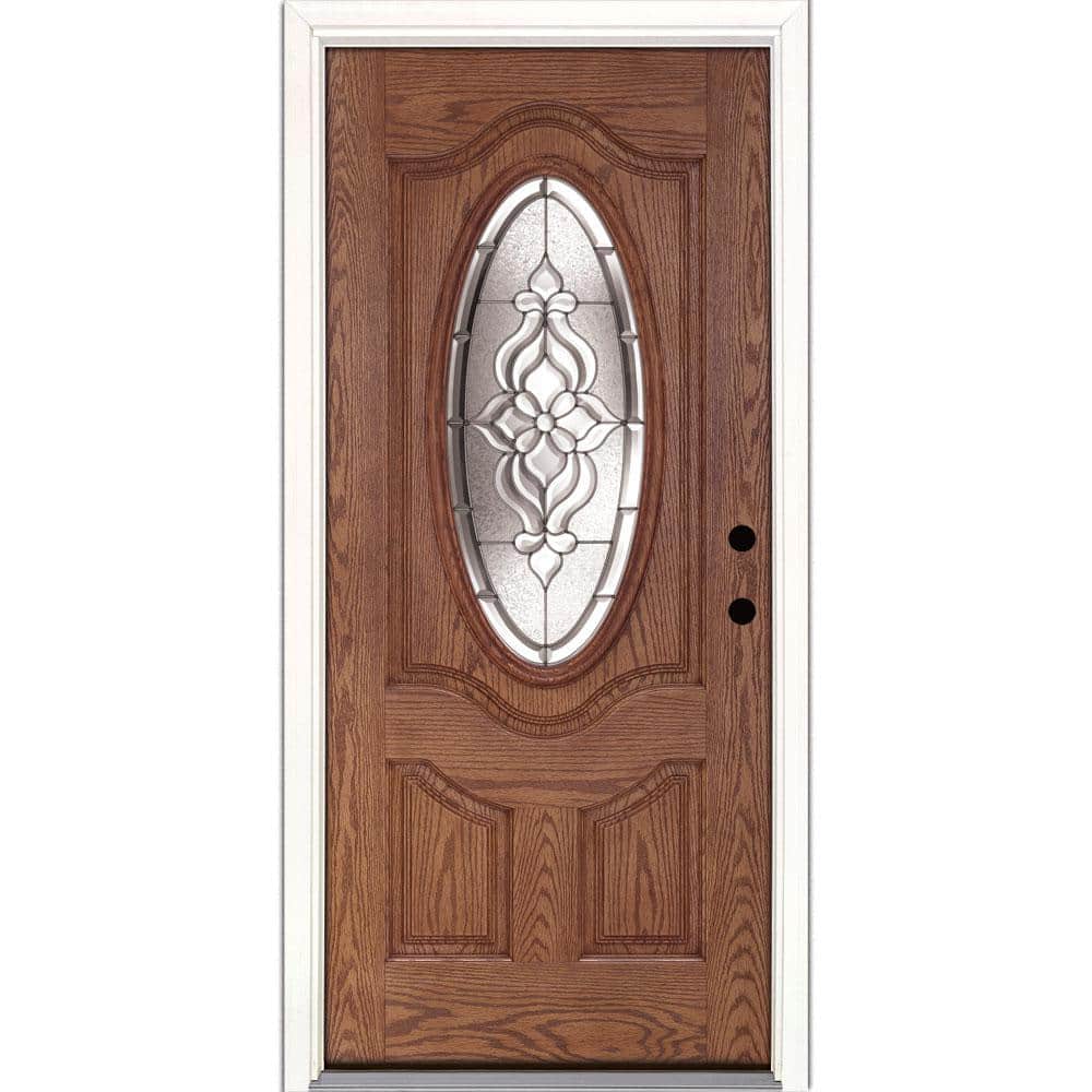 37.5 in. x 81.625 in. Lakewood Zinc 3/4 Oval Lite Stained Medium Oak Left-H