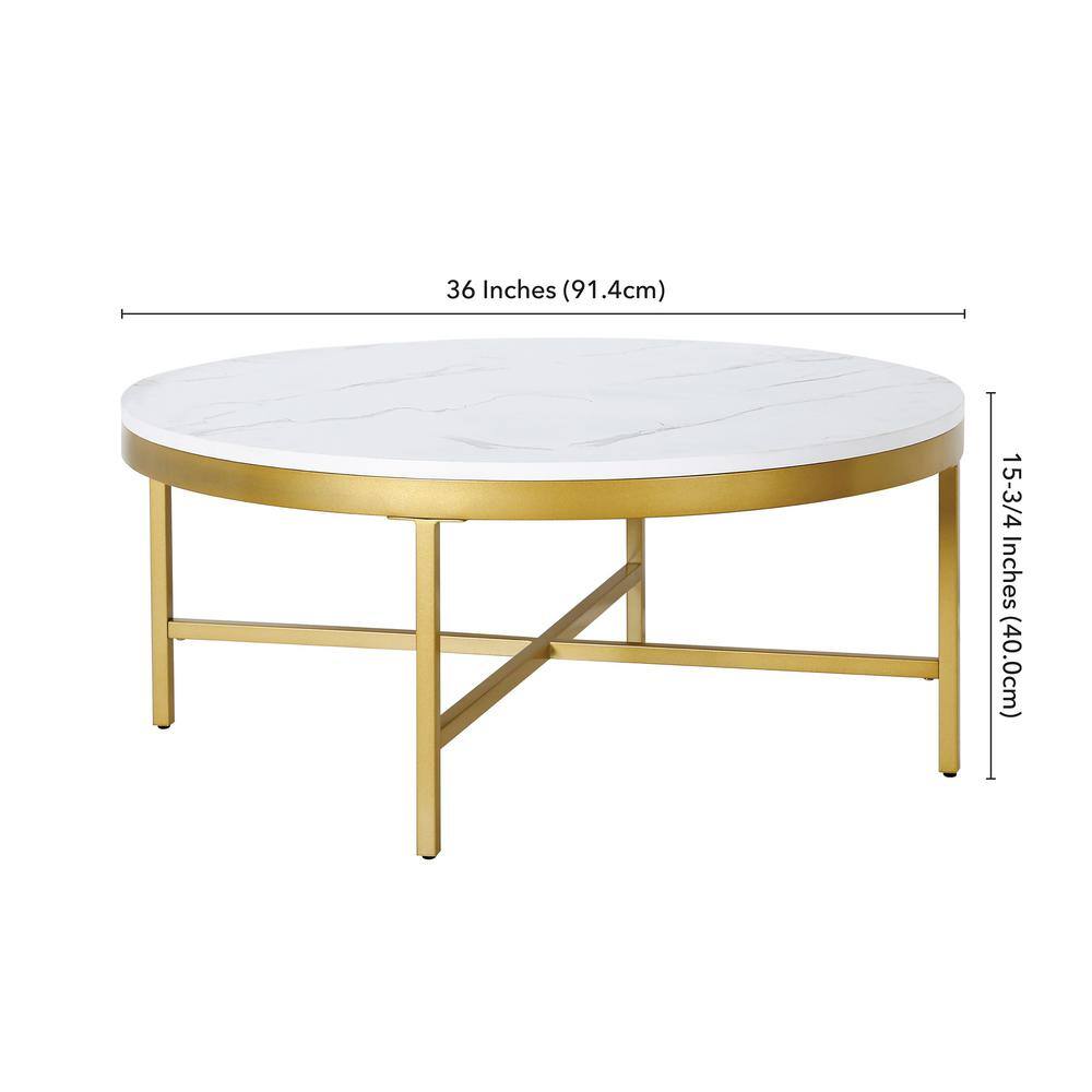 Xivil 36" Brass Round Coffee Table with Faux Marble Top