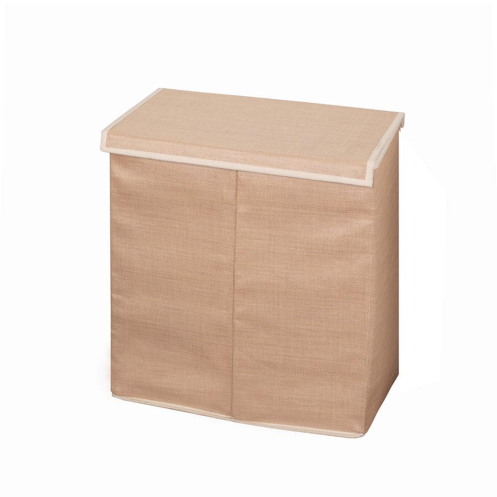 Beige Collapsible Dual Compartment Laundry Hamper with Lid