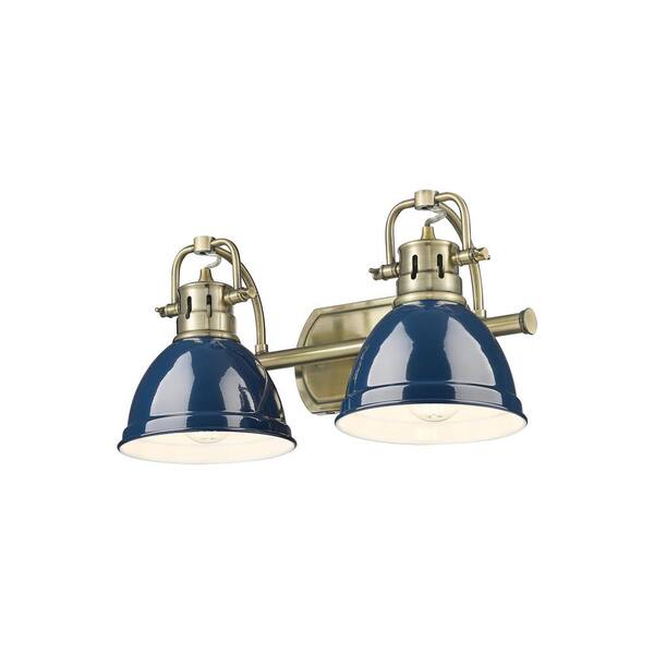 Golden Lighting - Duncan 8.25 in. 2-Light Aged Brass Vanity Light with Blue Shade