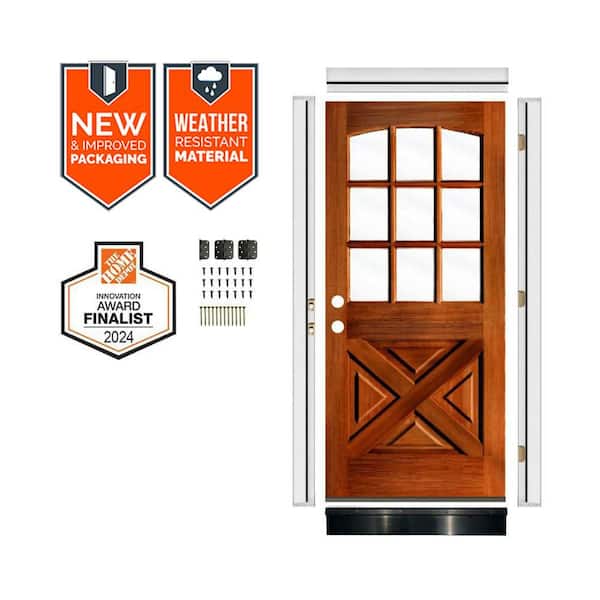 36in.x80in. X-Panel Arch RH Clear Glass RedChestnut Stain Hemlock Wood AssemblyRequired Door Kit w/QuickAssembleJamb