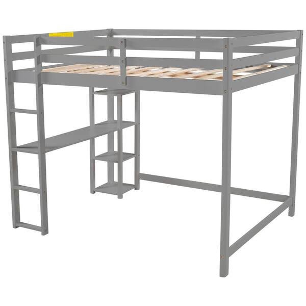 STICKON Gray Full Size Loft Bed with Built-in Desk and Shelves