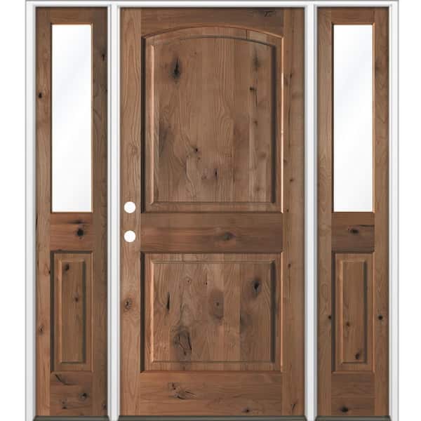 Krosswood Doors 64 in. x 80 in. Knotty Alder 2-Panel Arch Top Right-H /Inswing Clear Glass True Black Stain Wood Prehung Front Door DHSL