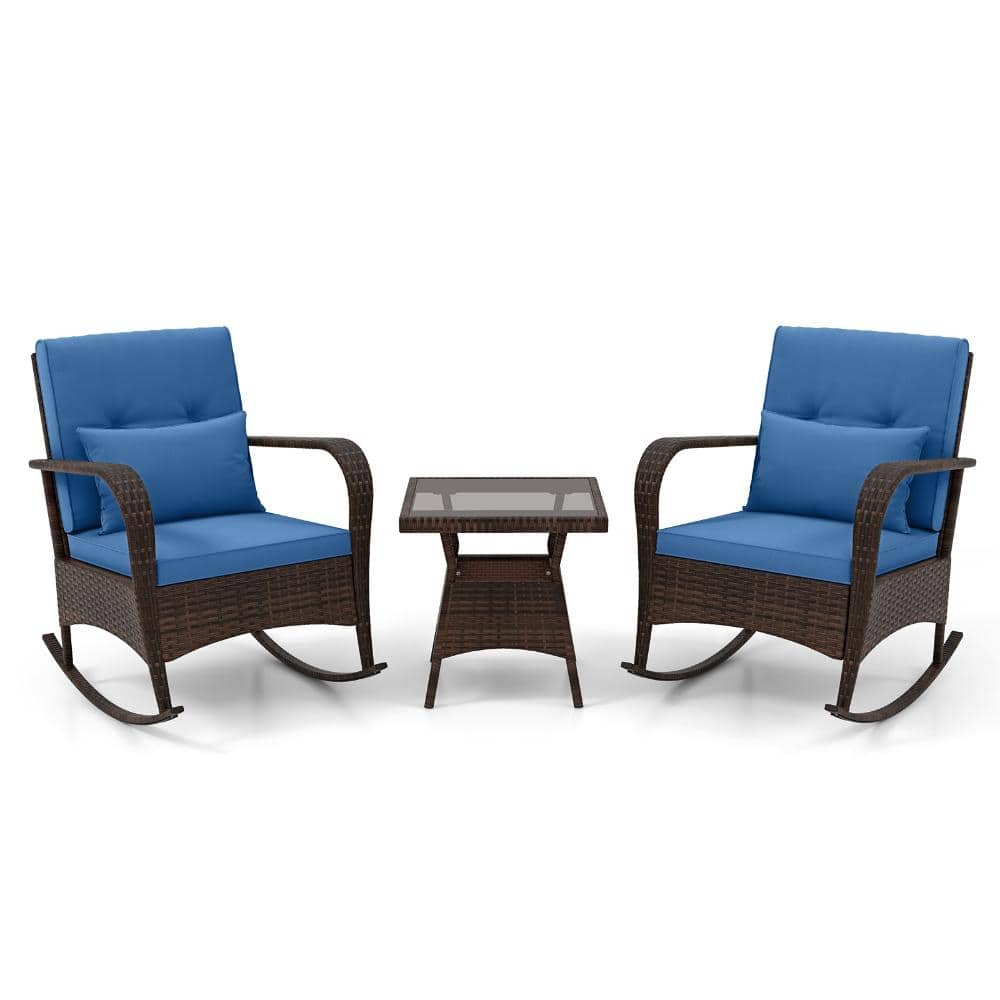 3-Piece PE Rattan Patio Rocking Chair Set with Cushions, Lumbar Pillows and Glass Table, Navy price history on PriceWatchPro