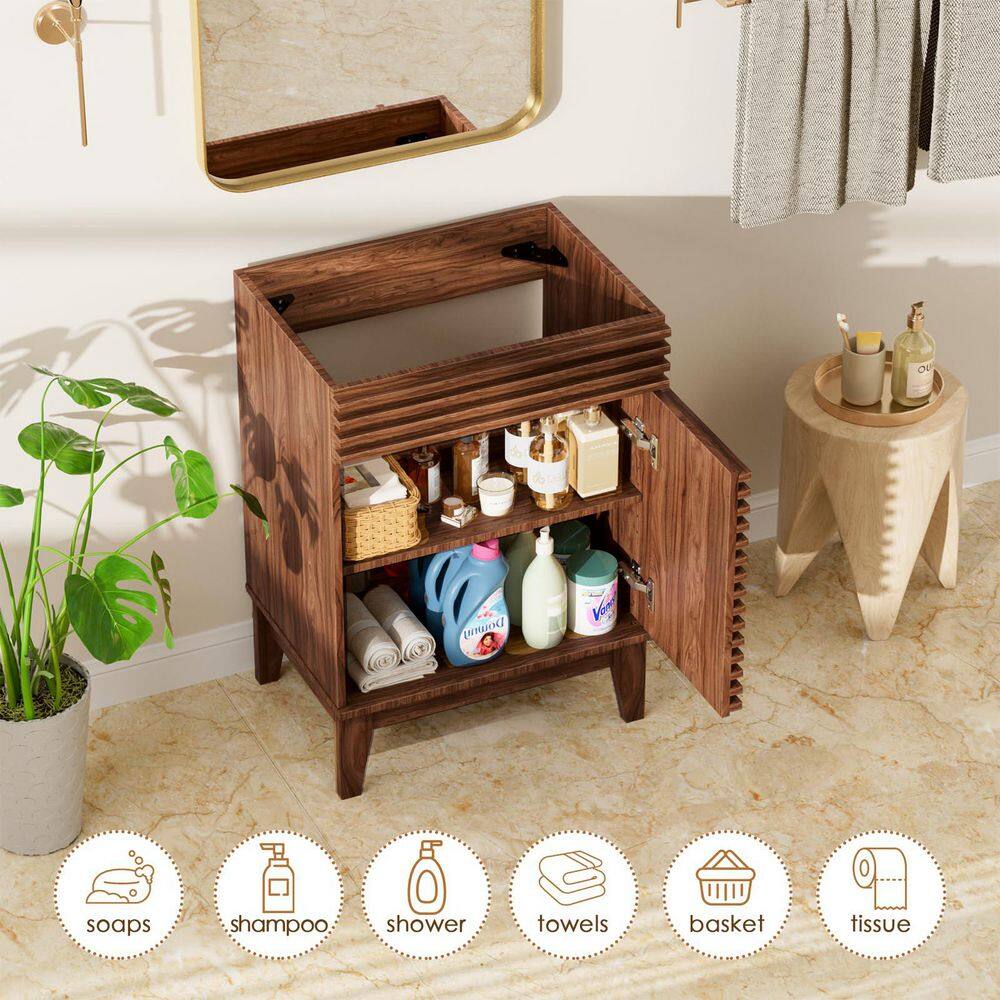 Mid-Century Walnut Freestanding Bathroom Vanity with Storage, MDF Frame, 24 in