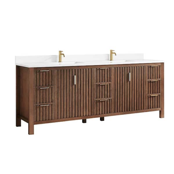 Shenzhen 84 in.W x 22 in.D x 33.9 in.D Double Bath Vanity in Aged Dark Brown Oak with White Engineered Stone Top