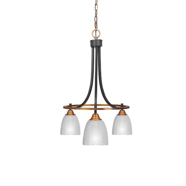 Unbranded Madison 3-Light Matte Black and Brass Round Chandelier with 5 in. Clear Ribbed Glass Shades, No bulbs included