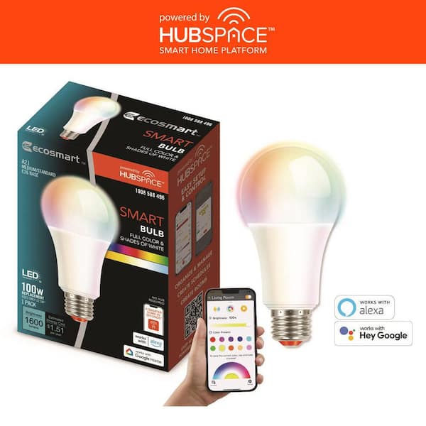 EcoSmart 100-Watt Equivalent Smart A21 Color Changing CEC LED Light Bulb with Voice Control (1-Bulb) Powered by Hubspace