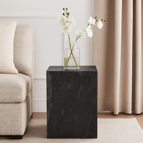 Rey 15 in. Natural Black Square Marble Side End Table with Pedestal Base