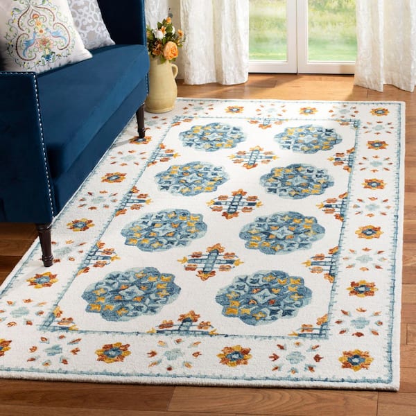Blossom 4 ft. x 6 ft. Blue/Ivory Geometric Floral Border Area Rug