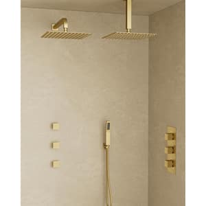 Thermostatic Valve 8-Spray 12 x 12 in. Dual Wall Mount and Handheld Shower Head with 3-Jets in Brushed Gold