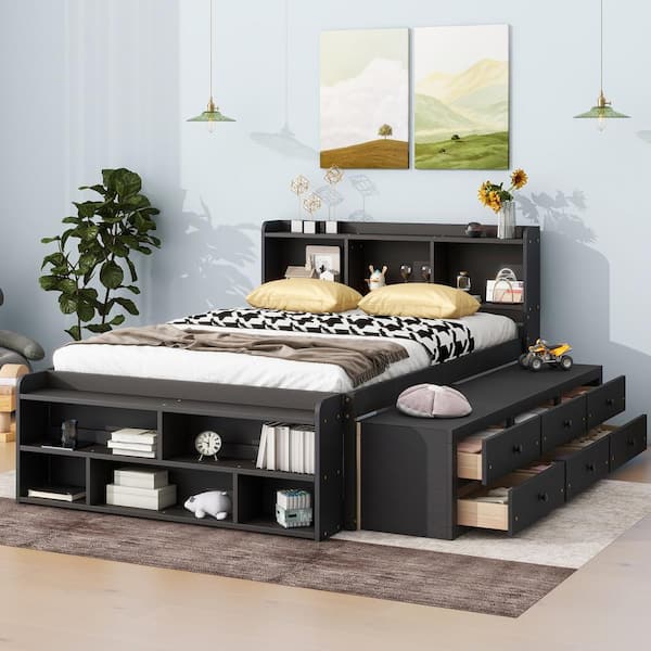 Harper & Bright Designs Espresso Brown Wood Frame Full Size Platform Bed with Bookcase Headboard, 6-Underbed Drawers, Bed End Storage Case