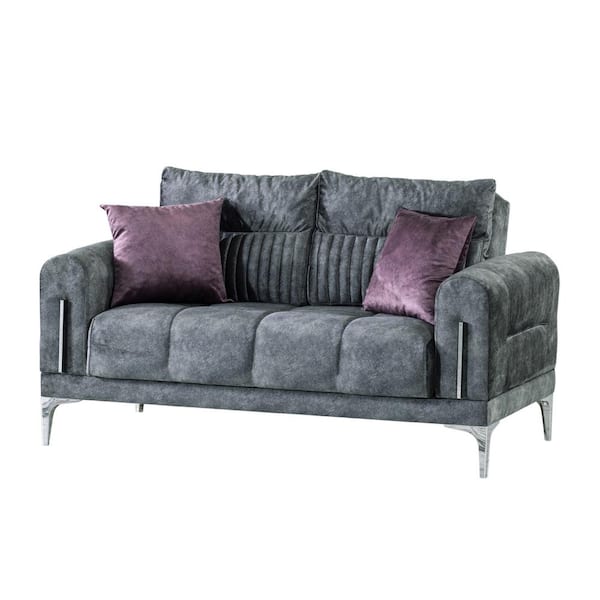 Ottomanson Stylish Collection Convertible 63 in. Grey Microfiber 2-Seater Loveseat with Storage