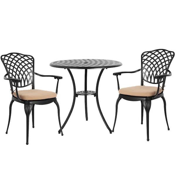 3-Piece Black Cast Aluminum Round Table Outdoor Bistro Set with Umbrella Hole and Cushion
