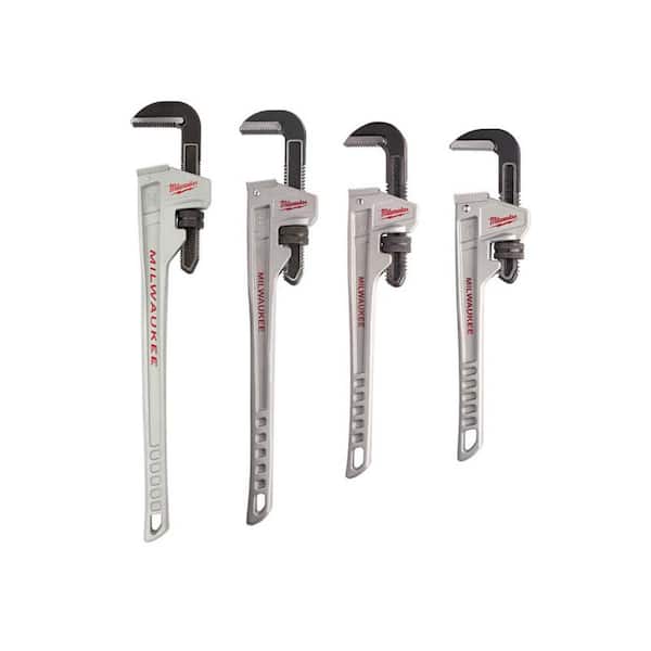 Milwaukee 36 in. Aluminum Pipe Wrench, 24 in. Aluminum Pipe Wrench, 18 in. Aluminum Pipe Wrench, and 12 in. Aluminum Pipe Wrench