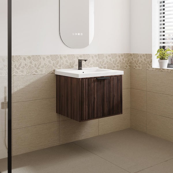 VLeaf 24 in. W x 19 in. D x 19 in. H Single Sink Wall Hung Bath Vanity Cabinet in Dark Walnut with White Ceramic Top