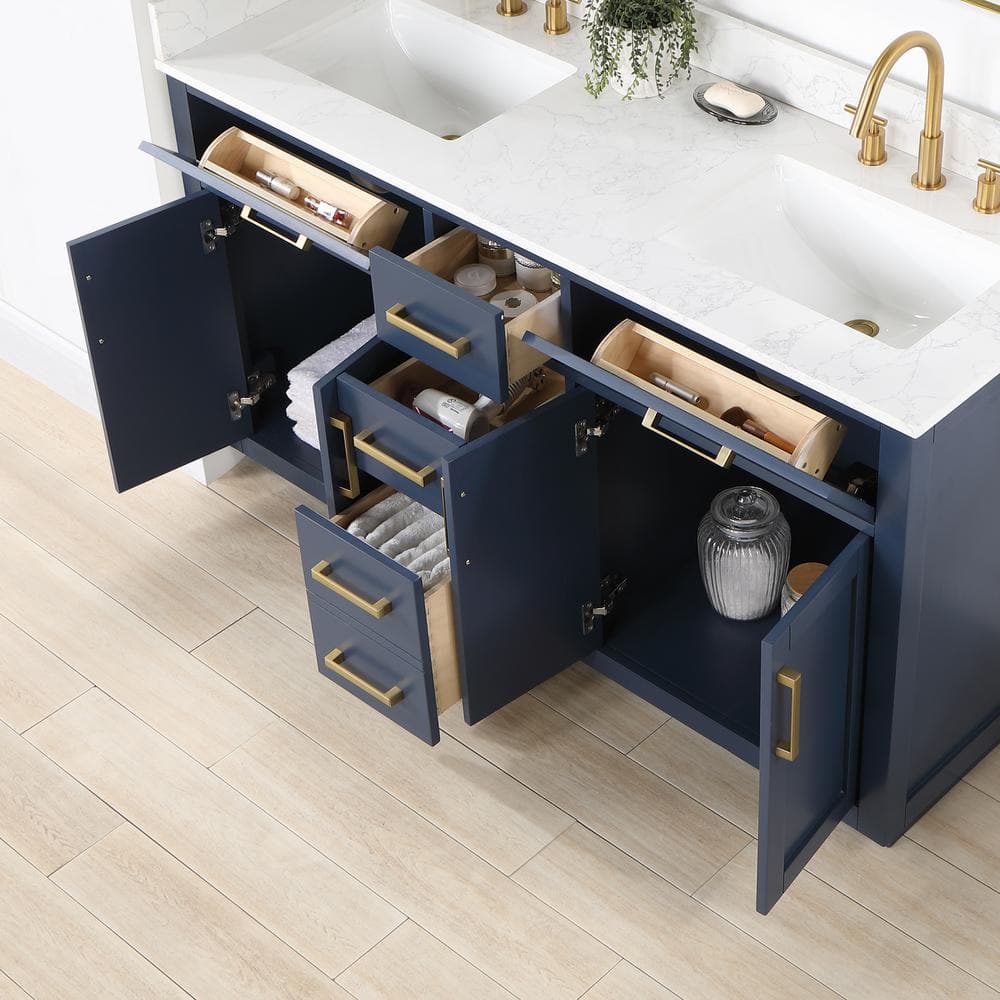 Gavino 60" Royal Blue Wood Vanity with Composite Stone Top and Mirror