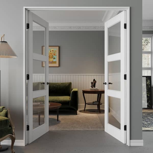 64 in. x 80 in. Universal 3-Lite Clear Glass White Solid Core Glass Double Prehung French Door + Quick Assemble Jamb