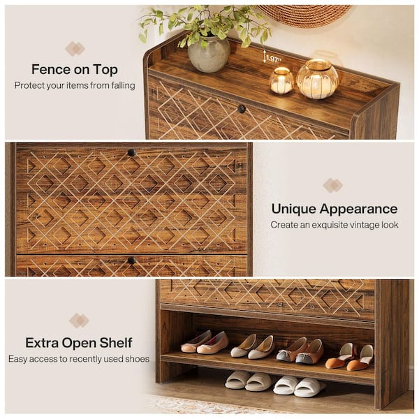 42.52 in. H x 9.84 in. W Brown Wood Shoe Storage Cabinet with 2 Flip Drawers for Entryway