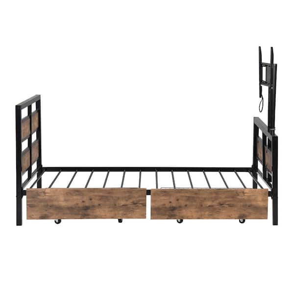 Black and Brown Metal Frame Twin TV Platform Bed with Rotating TV Mount, 2 Storage Drawers, MDF Headboard and Footboard