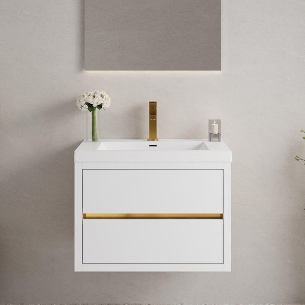 30 in. Single Sink Floating White Bath Vanity with White Resin Top (Assembled), Ample Storage Space, Invisible Handle