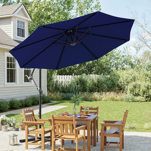 10 ft patio umbrella home depot SANLUCE 10 ft. Cantilever Patio Umbrella With Easy Adjustment, Solution-Dyed Fabric, 8 Ribs for Backyard, Poolside in Navy Blue