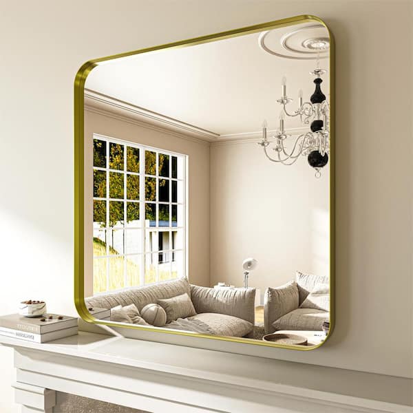 ORGANNICE 36 in. W x 36 in. H Modern Gold Aluminum Framed Rounded Wall Mount Mirror