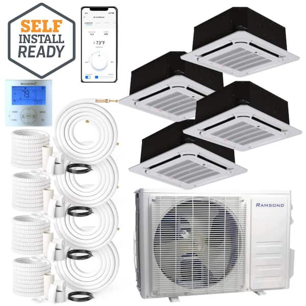 RDZ 36000 BTU 4‑Zone Ceiling Cassette WiFi Ductless Mini Split AC Heat Pump 230V Up to 24 SEER2 with 25FT Install Kits