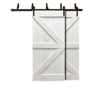 76 in. x 84 in. K Series Bypass White Stained Solid Pine Wood Interior Double Sliding Barn Door with Hardware Kit