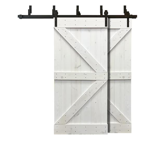 CALHOME 76 in. x 84 in. K Series Bypass White Stained Solid Pine Wood Interior Double Sliding Barn Door with Hardware Kit