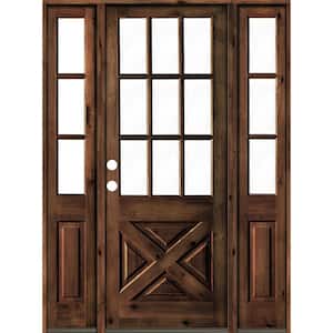 60 in. x 96 in. Alder 2 Panel Right-Hand/Inswing Clear Glass Red Mahogany Stain Wood Prehung Front Door w/Sidelites