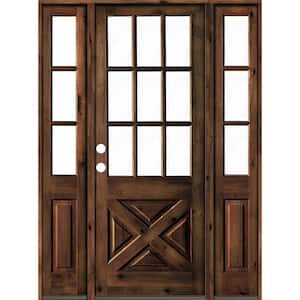 70 in. x 96 in. Alder 2 Panel Right-Hand/Inswing Clear Glass Red Mahogany Stain Wood Prehung Front Door w/Sidelites