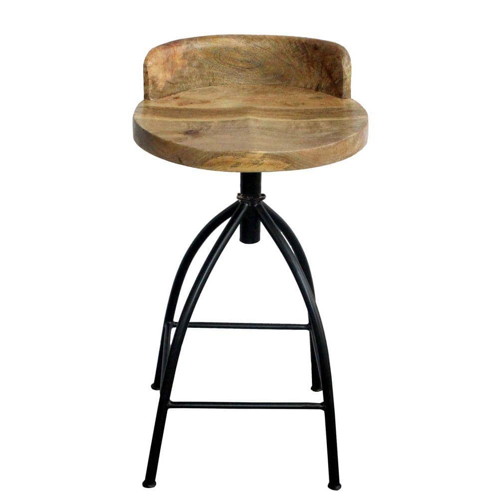 Adjustable Brown Mango Wood and Black Iron Swivel Bar Stool