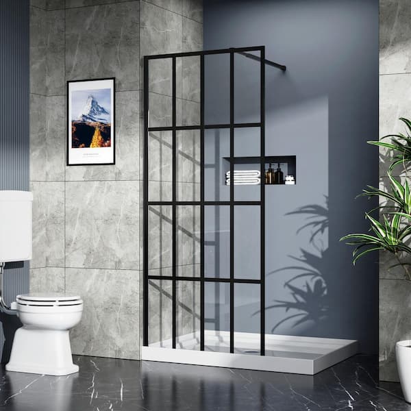 34 in. W x 74 in. H Framed Fixed Silk-Printing Shower Door in Matte Black with 1/4 in. (6mm) Clear Glass and Support Bar