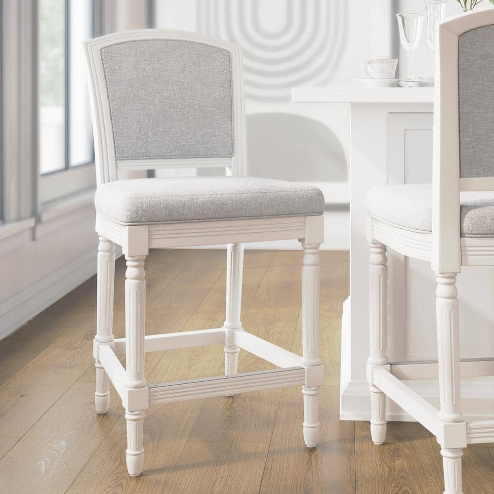 26" White Wood Counter-Height Bar Stool with Gray Upholstered Seat