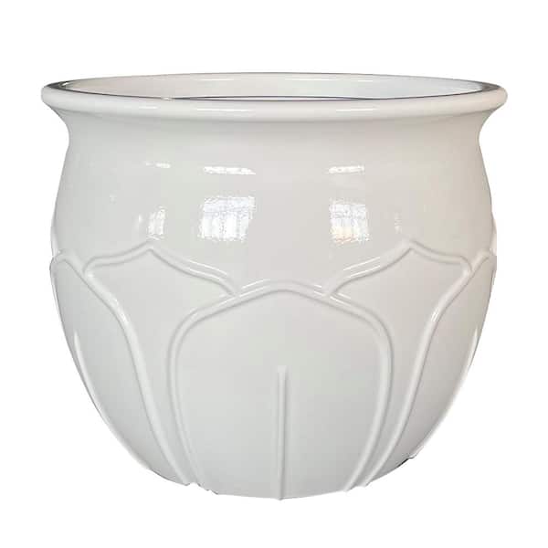 Vigoro 13.8 in. Violetta Medium White Glazed Plastic Planter (13.8 in. D x  11.4 in. H)